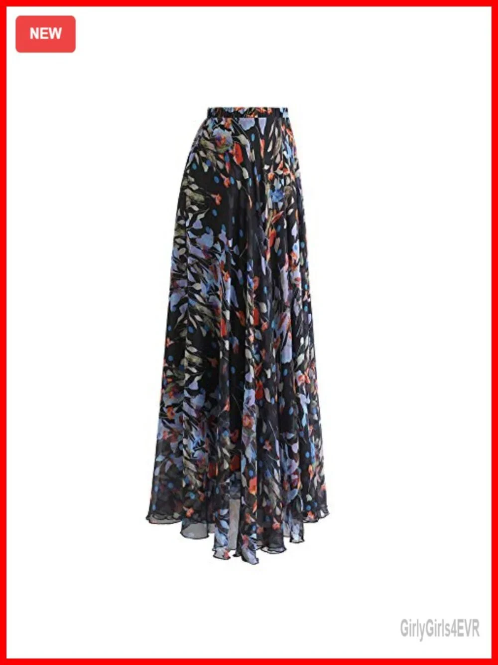 Chiffon Floral Maxi Skirt High Waist Pleated Ruffled Lined Elastic Waist